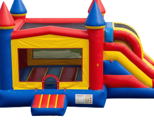 Inflatable bounce house with slide rental featuring blue, red, and yellow vinyl walls, safety mesh windows, and an attached side exit slide