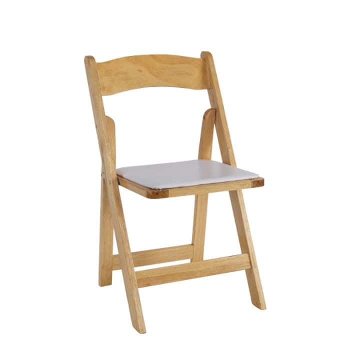 Natural Wood Padded Chairs for wedding rentals and upscale events.